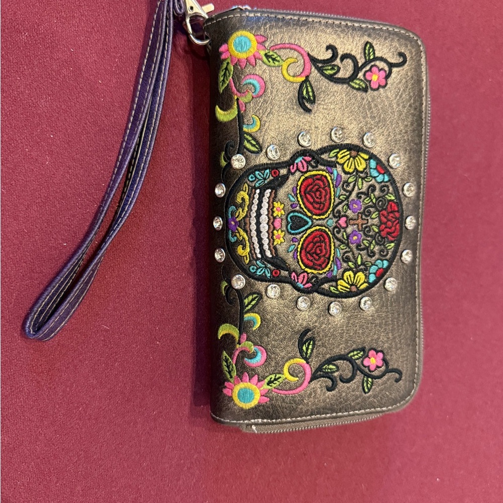 Embroidered Skull Wristlet Wallet